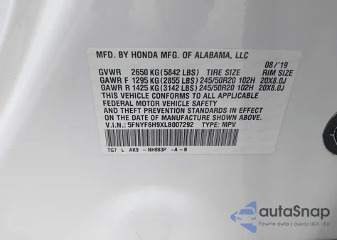 2020 Honda Pilot Awd Touring 8 Passenger из США, поврежденный, VIN 5FNYF6H9XLB007292